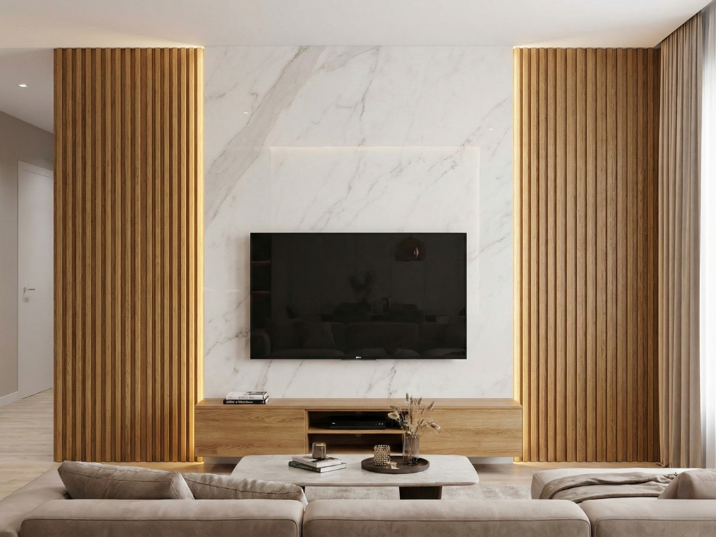 gambar backdrop tv marmer perpaduan kayu