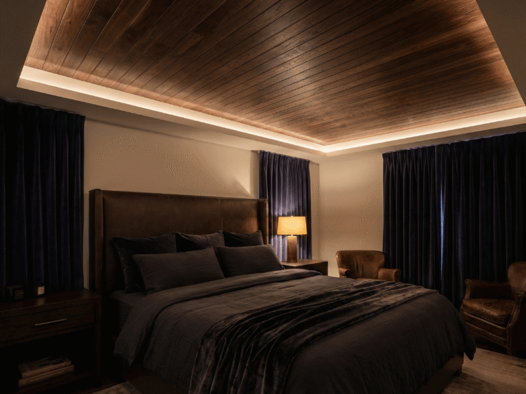 gambar lampu plafon LED UPVC dengan motif kayu gelap