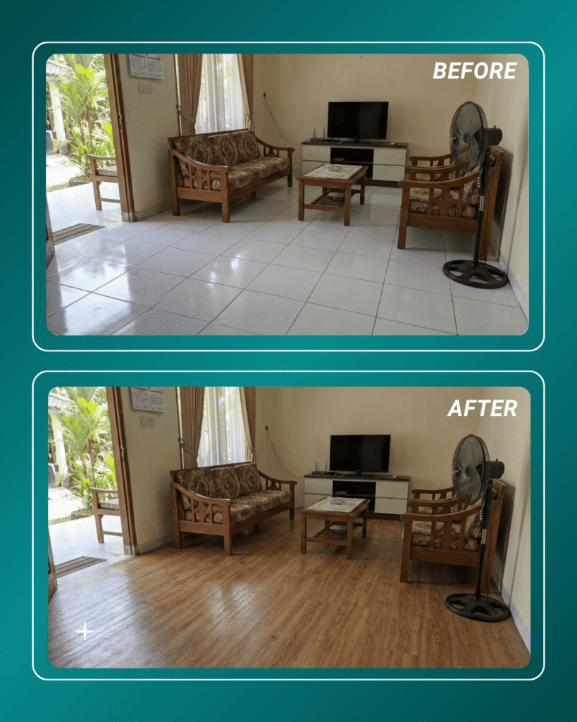 before after renovasi lantai dengan SPC Flooring