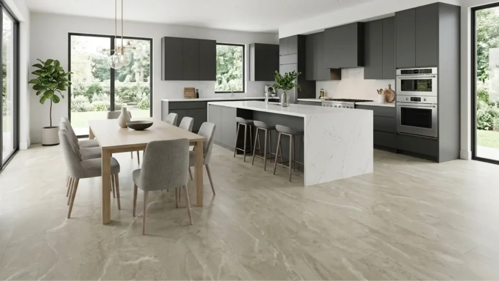 Ruang dapur dan meja makan dengan SPC flooring