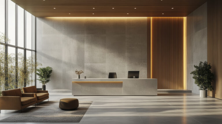 desain lobby kantor dengan wallboard