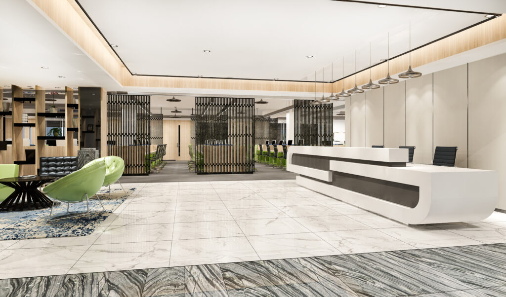 desain lobby kantor dengan wallboard