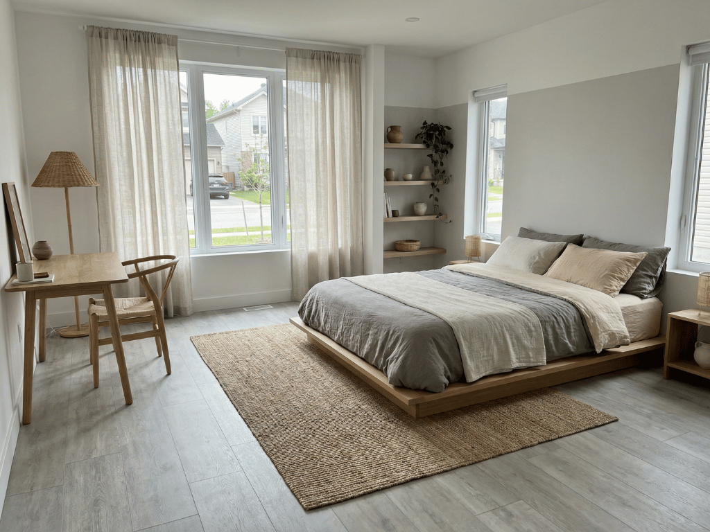desain kamar estetik dengan spc flooring abu-abu