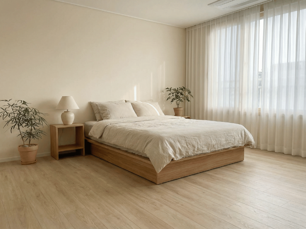 desain kamar estetik dengan spc flooring