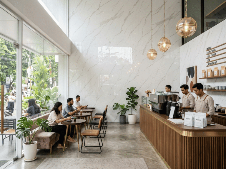 interior dinding cafe motif marmer