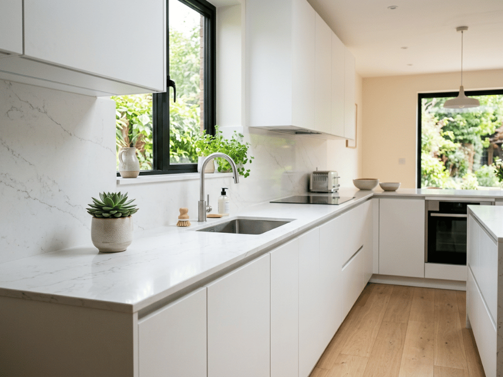 dapur estetik dengan wallboard marmer