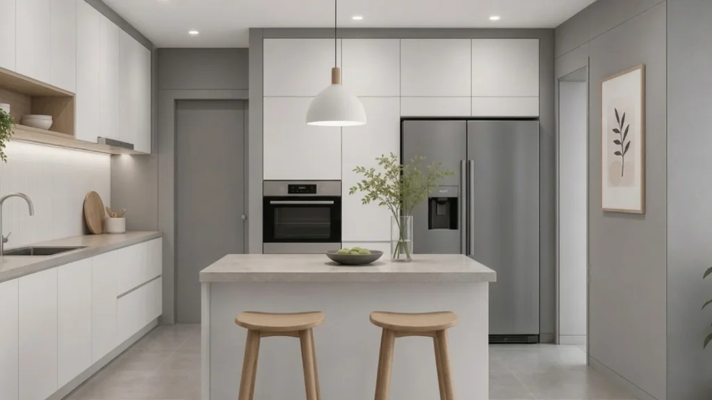 Dapur Monokrom dengan Dinding Abu-Abu