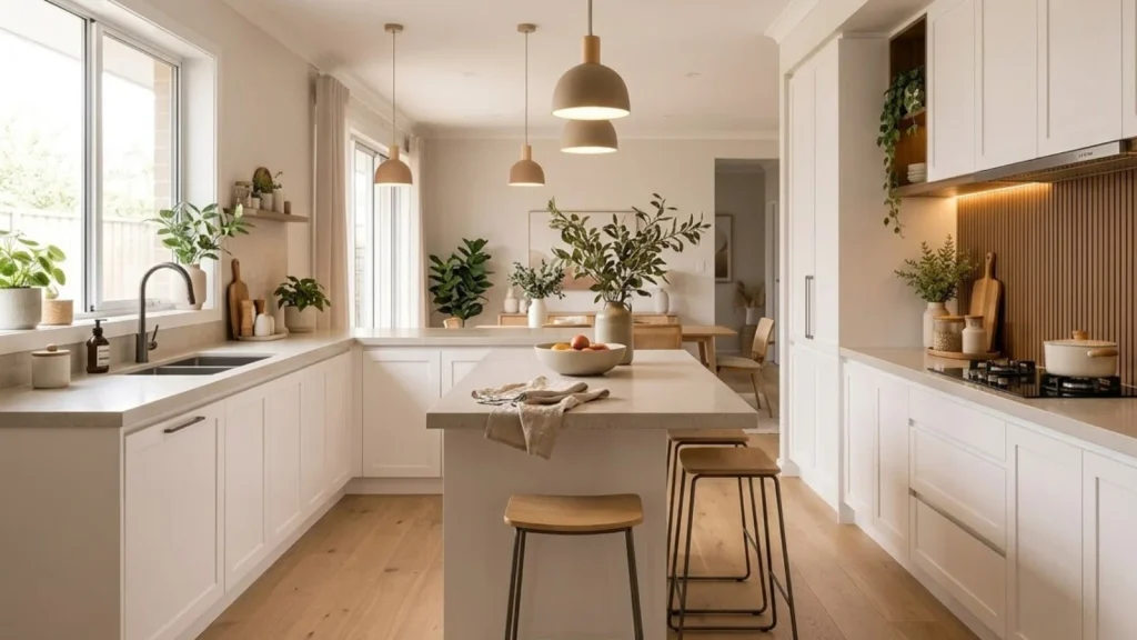 Dapur dengan Elemen Kayu pada Dinding