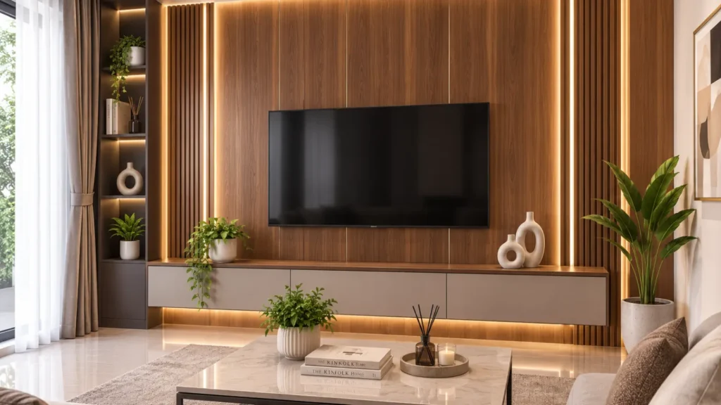 Dinding belakang TV yang memakai wall panel