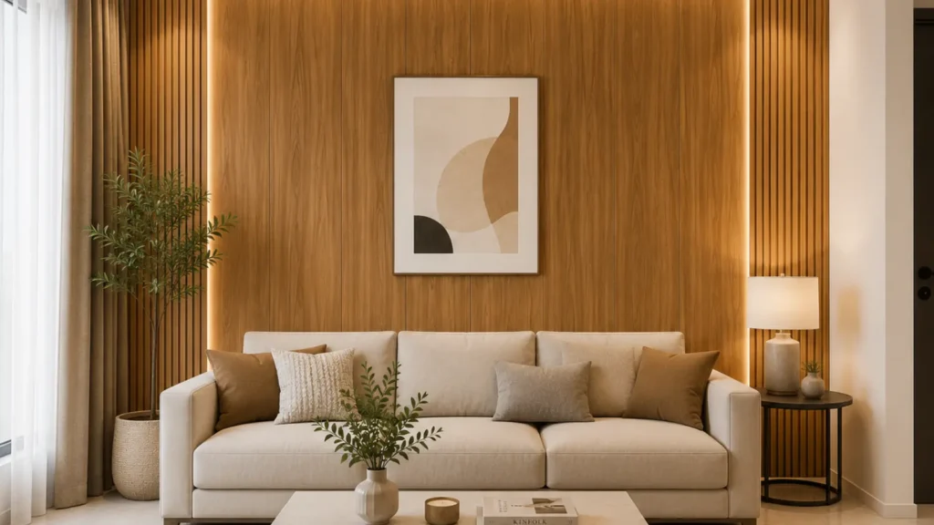Dinding belakang sofa yang menggunakan wall panel UPVC