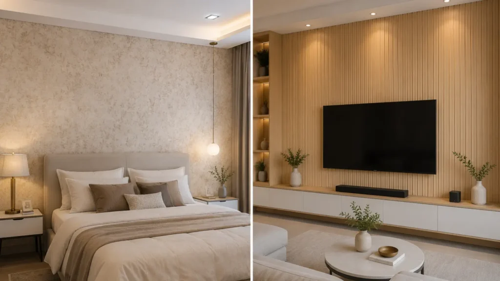 Kamar tidur dengan wallpaper dan ruang tv dengan wall panel