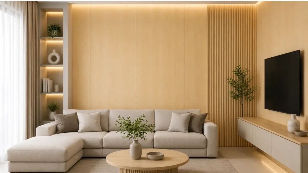 Pemakaian wall panel kombinasi dengan warna netral