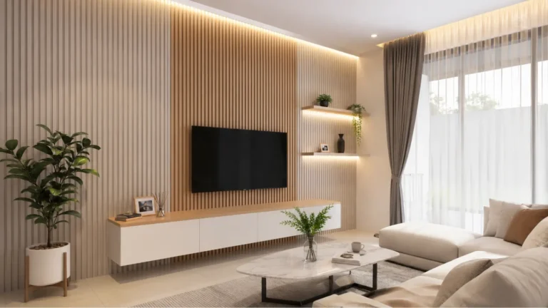 Ruang tv yang menggunakan wall panel UPVC