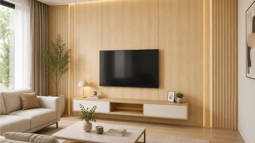 Ruang tamu yang menggunakan wall panel