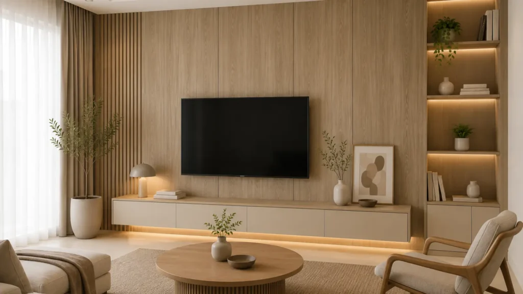 Ruangan dengan wall panel dengan sentuhan dekorasi sederhana