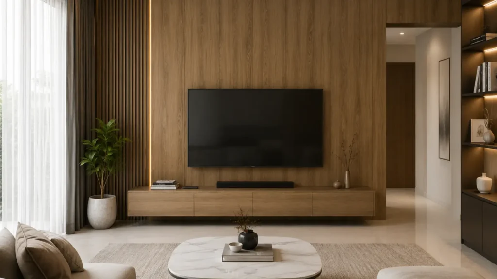 Wallboard motif kayu untuk ruang tamu