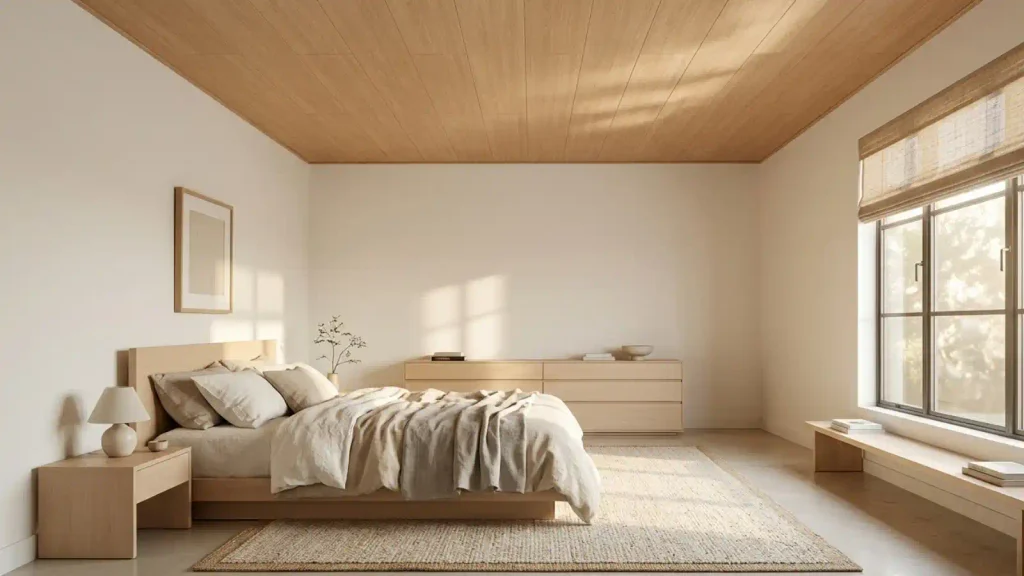 Kamar tidur dengan plafon UPVC motif kayu