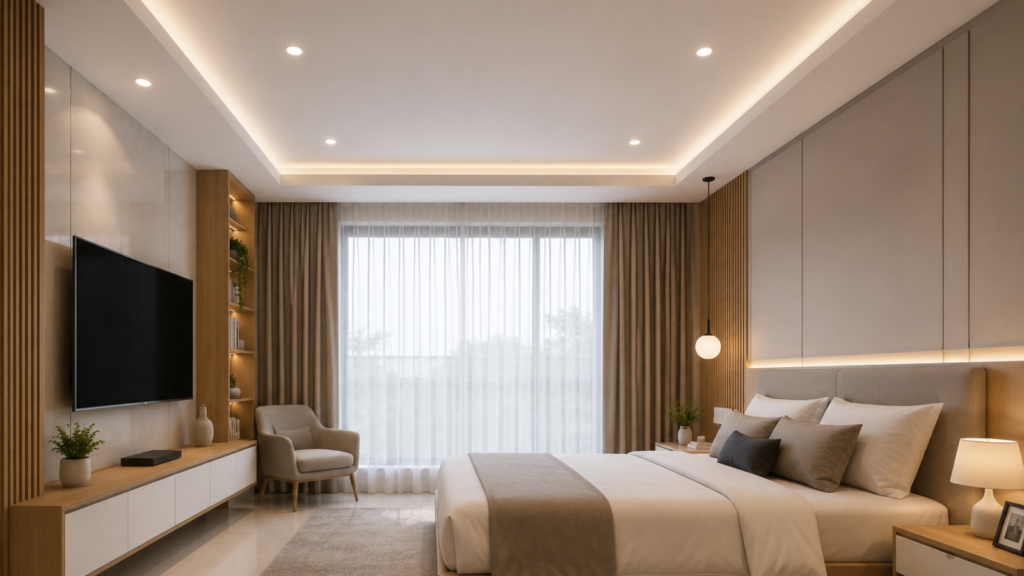 Kamar tidur dengan plafon berbahan gypsum