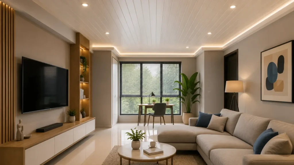 Ruang keluarga dengan plafon berbahan PVC