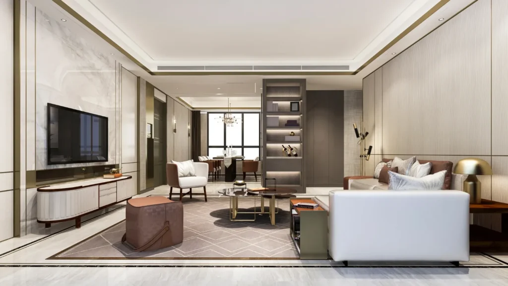 Interior ruang dengan wallboard dan tv