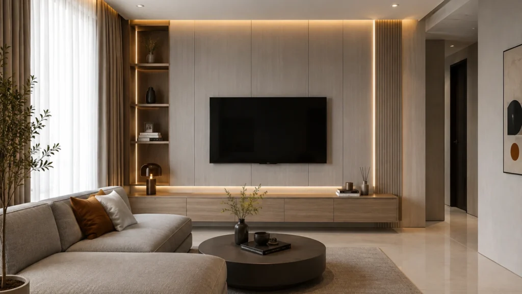Ruangan TV dilengkapi dengan wallboard dan ada beberapa tanaman