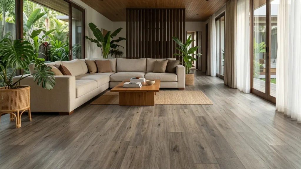 ruang tamu dengan SPC flooring