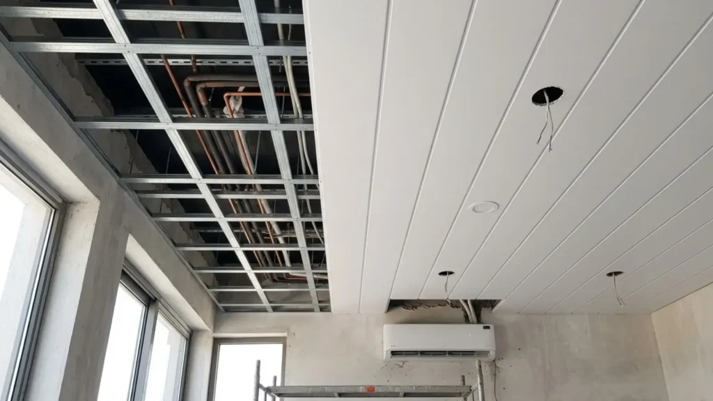 pemasangan plafon dengan jalur AC dan lampu
